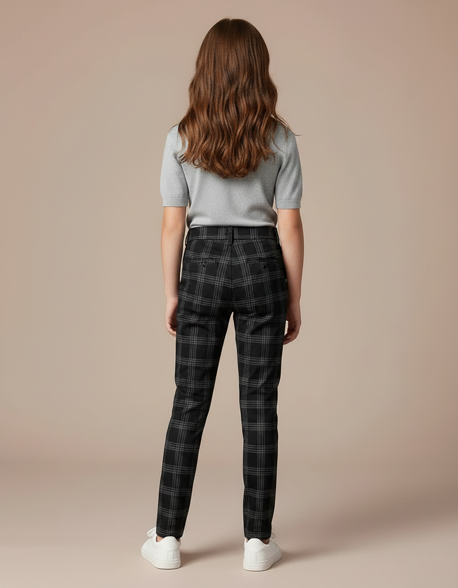 Pantalon Chino Noir Carreaux Droit Décontracté Enfant - Gabardine - vue 2