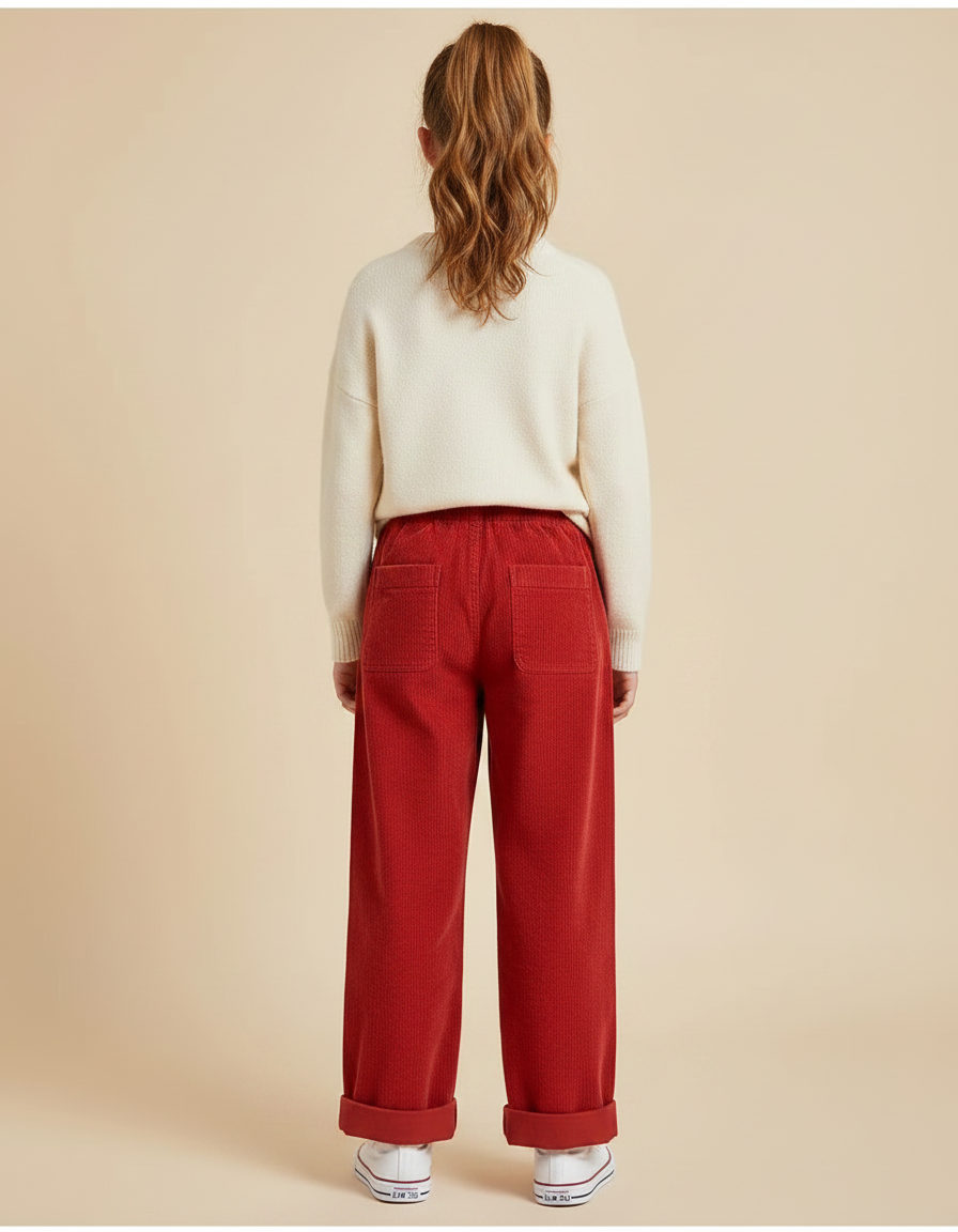 Pantalon Chino Rouge Côtelé Large Enfant Décontracté - Cordé - vue 2