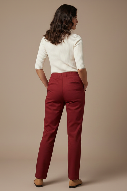 Pantalon Chino Rouge Brique Coupe Droite Femme Élégant - Bordeaux Gabardine - vue 2