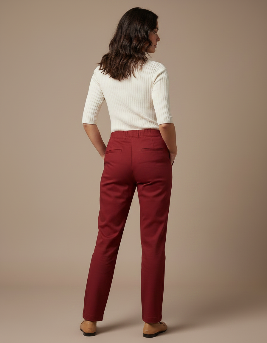 Pantalon Chino Rouge Brique Coupe Droite Femme Élégant - Bordeaux Gabardine - vue 2