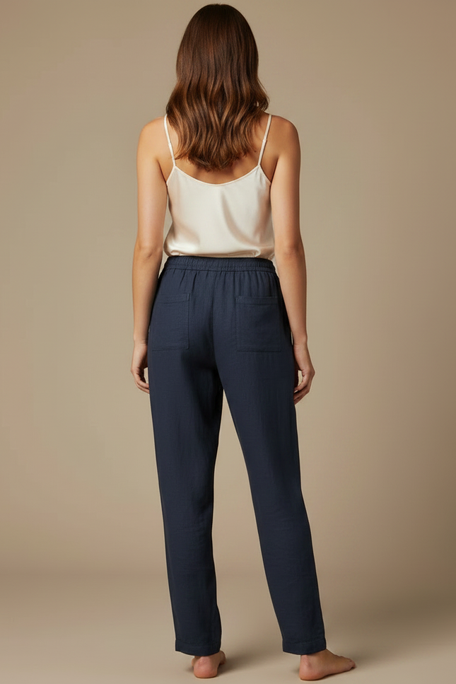 Pantalon Chino Bleu Marine Fluide Cordon Femme - Lin - vue 2