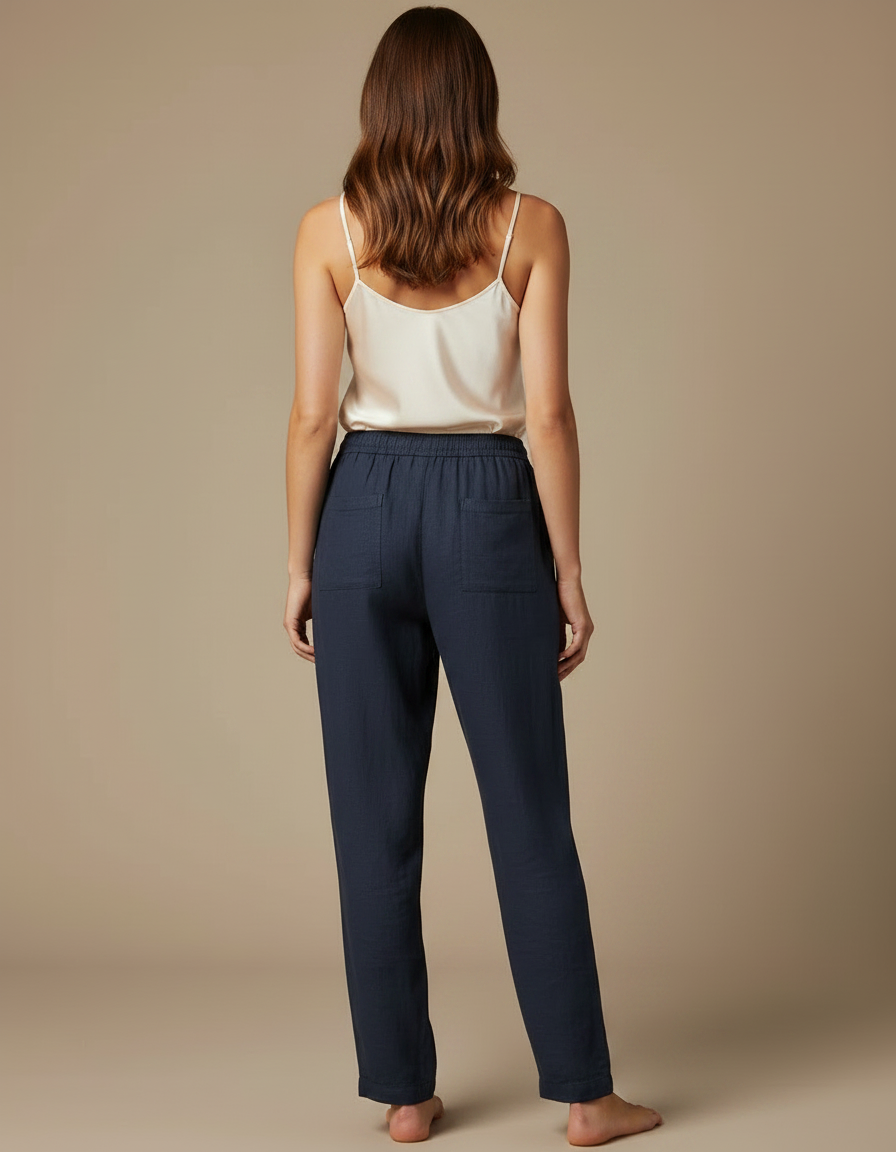 Pantalon Chino Bleu Marine Fluide Cordon Femme - Lin - vue 2