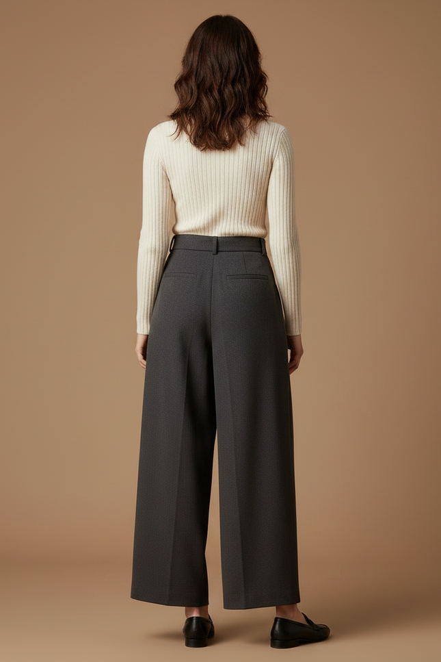 Pantalon Chino Gris Laine Ample Taille Haute Élégant - vue 2