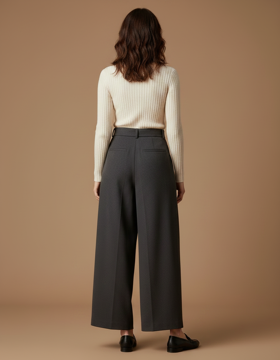 Pantalon Chino Gris Laine Ample Taille Haute Élégant - vue 2