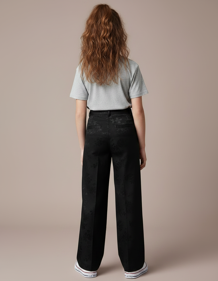 Pantalon Chino Noir Brodé Ample Élégant Enfant - Satin - vue 2