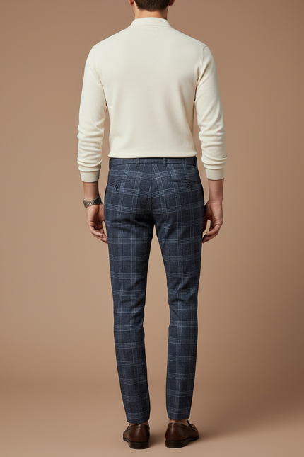 Pantalon Chino Carreaux Bleu Marine Slim Élégant - Laine - vue 2