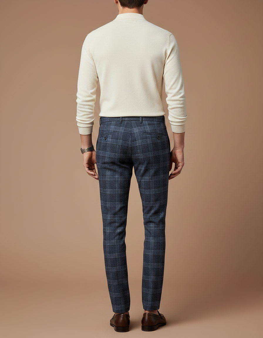 Pantalon Chino Carreaux Bleu Marine Slim Élégant - Laine - vue 2