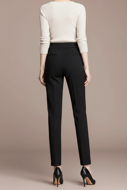 Pantalon Chino Noir Taille Haute Boutons Élégant Femme - Gabardine - vue 2
