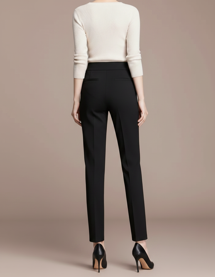 Pantalon Chino Noir Taille Haute Boutons Élégant Femme - Gabardine - vue 2