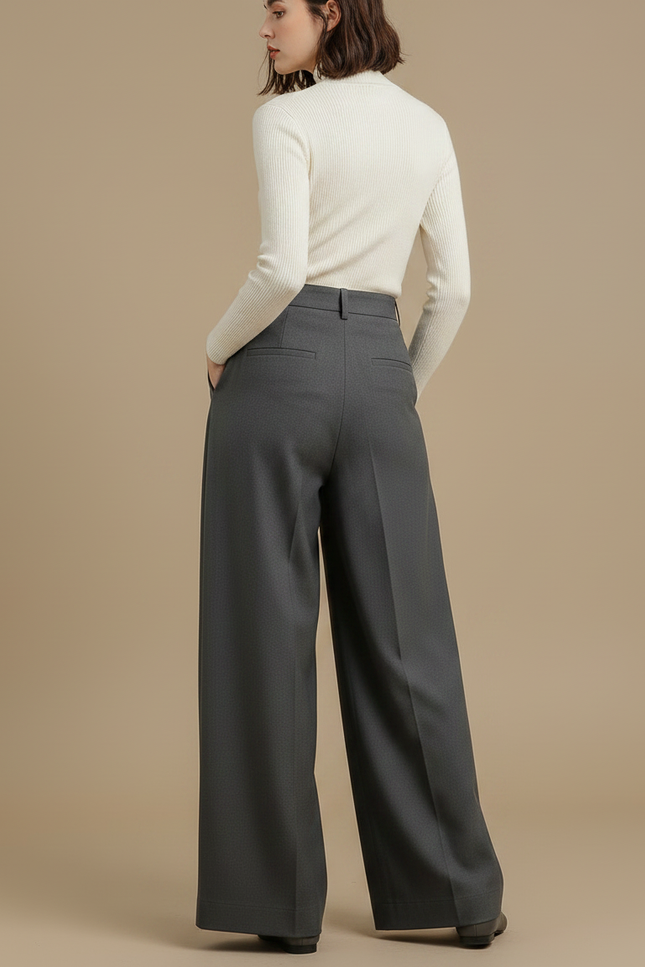 Pantalon Chino Gris Anthracite Plissé Large Femme Élégant - Gabardine - vue 2