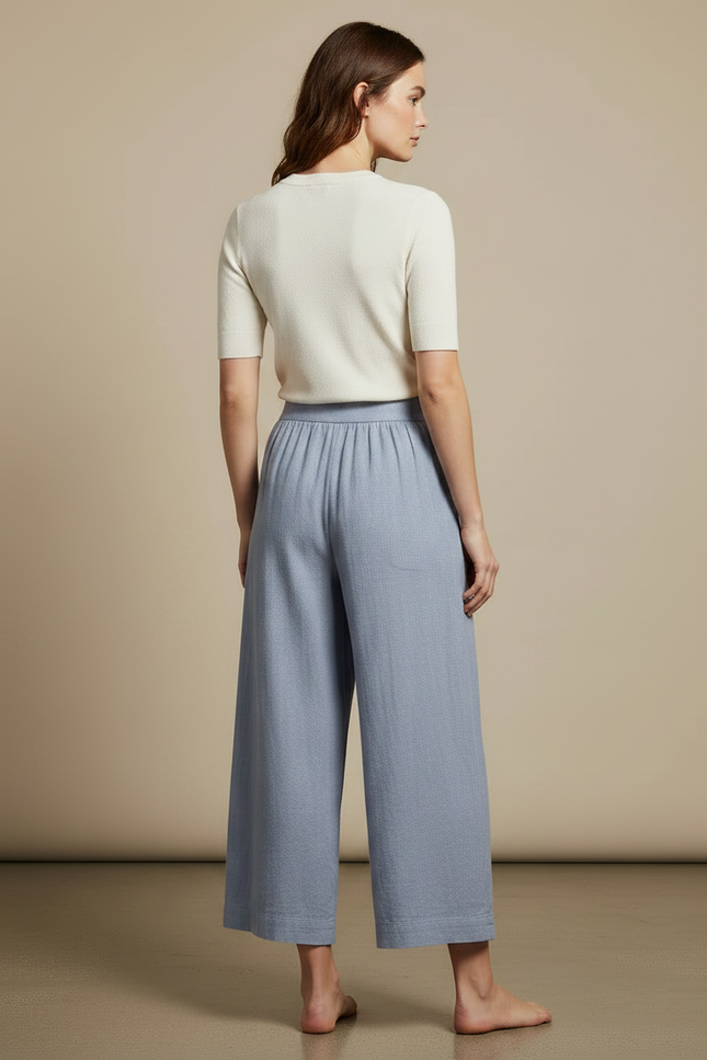 Pantalon Chino Bleu Ample Lin Décontracté Femme - vue 2