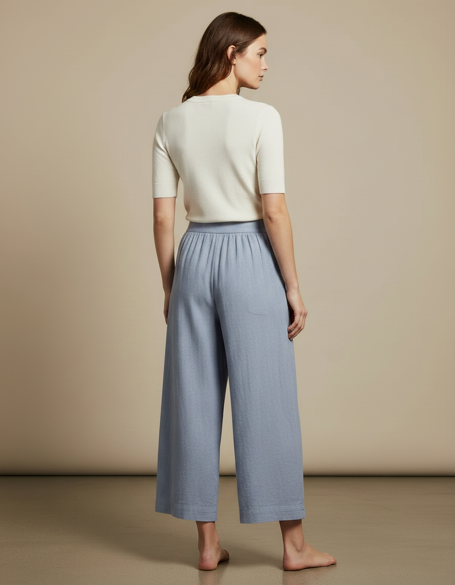 Pantalon Chino Bleu Ample Lin Décontracté Femme - vue 2