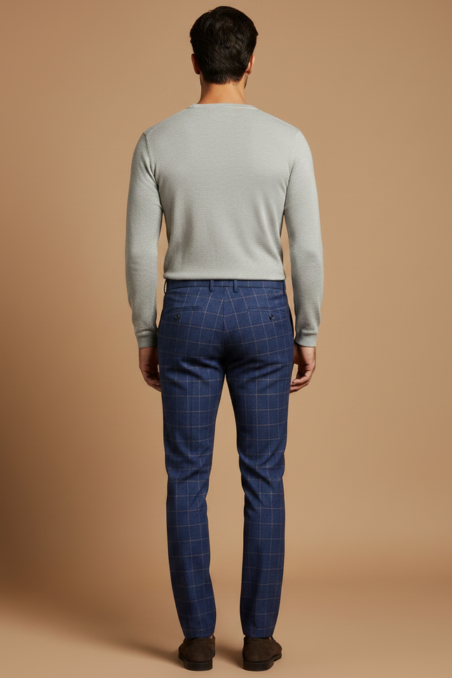 Pantalon Chino Bleu Carreaux Slim Élégant Homme - Marine Laine - vue 2