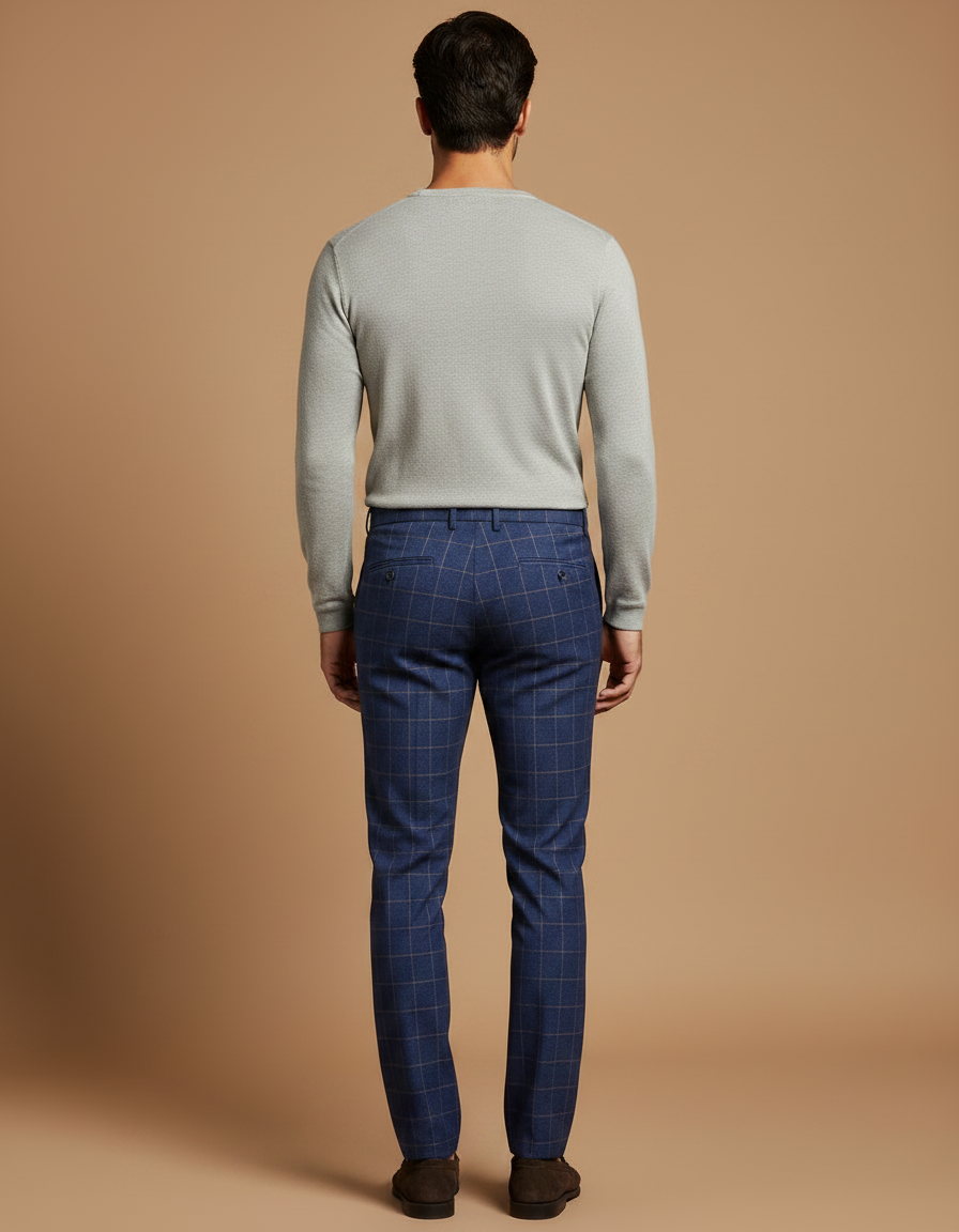 Pantalon Chino Bleu Carreaux Slim Élégant Homme - Marine Laine - vue 2