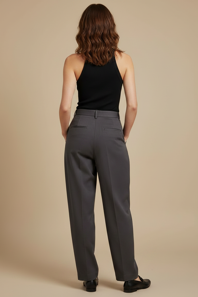 Pantalon Chino Gris Plissé Ample Femme Élégant - Gabardine - vue 2