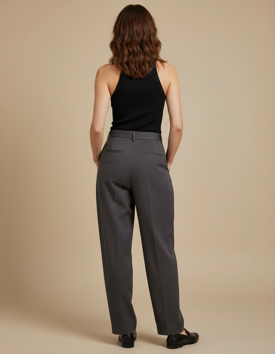 Pantalon Chino Gris Plissé Ample Femme Élégant - Gabardine - vue 2