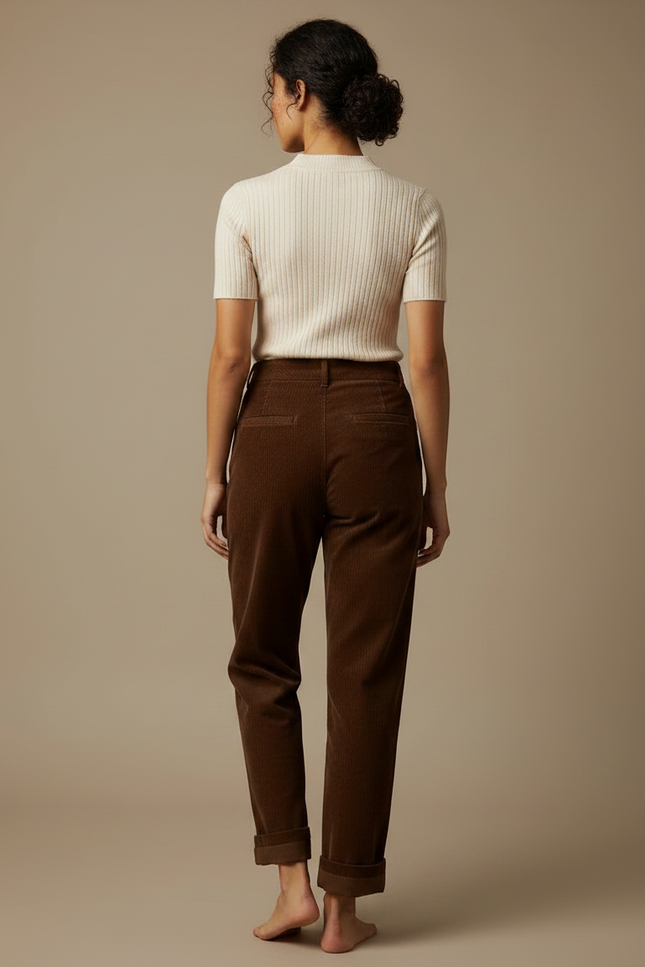 Pantalon Chino Marron Côtelé Ample Taille Haute Femme - Cordé - vue 2