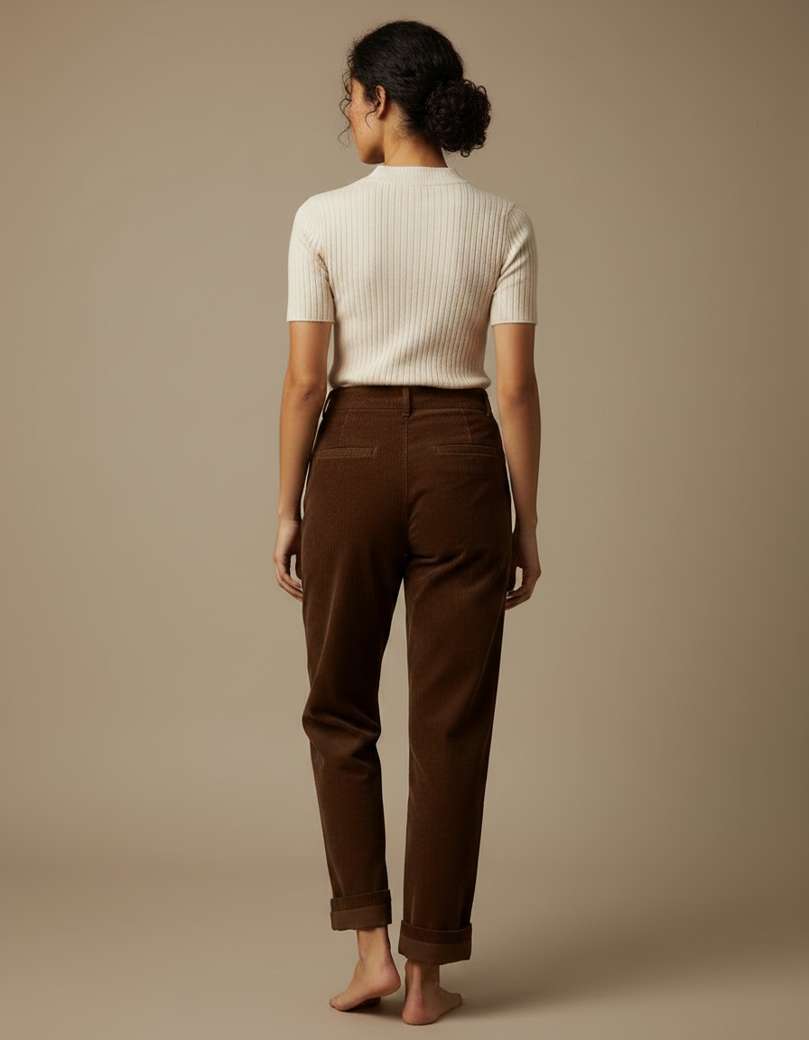 Pantalon Chino Marron Côtelé Ample Taille Haute Femme - Cordé - vue 2