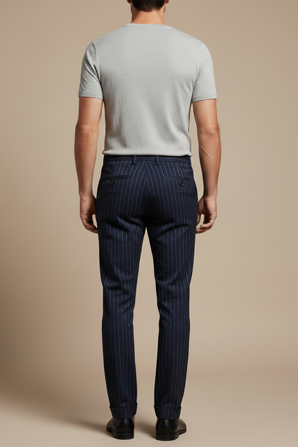 Pantalon Chino Bleu Marine Rayé Slim Élégant Homme - Laine - vue 2