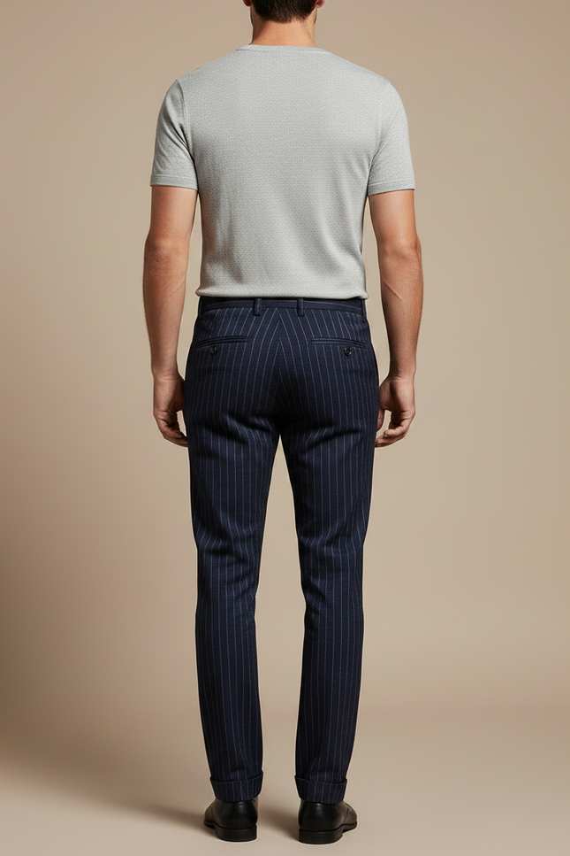 Pantalon Chino Bleu Marine Rayé Slim Élégant Homme - Laine - vue 2
