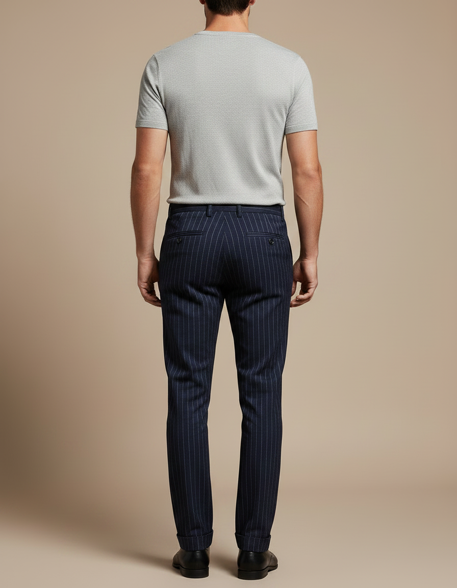Pantalon Chino Bleu Marine Rayé Slim Élégant Homme - Laine - vue 2