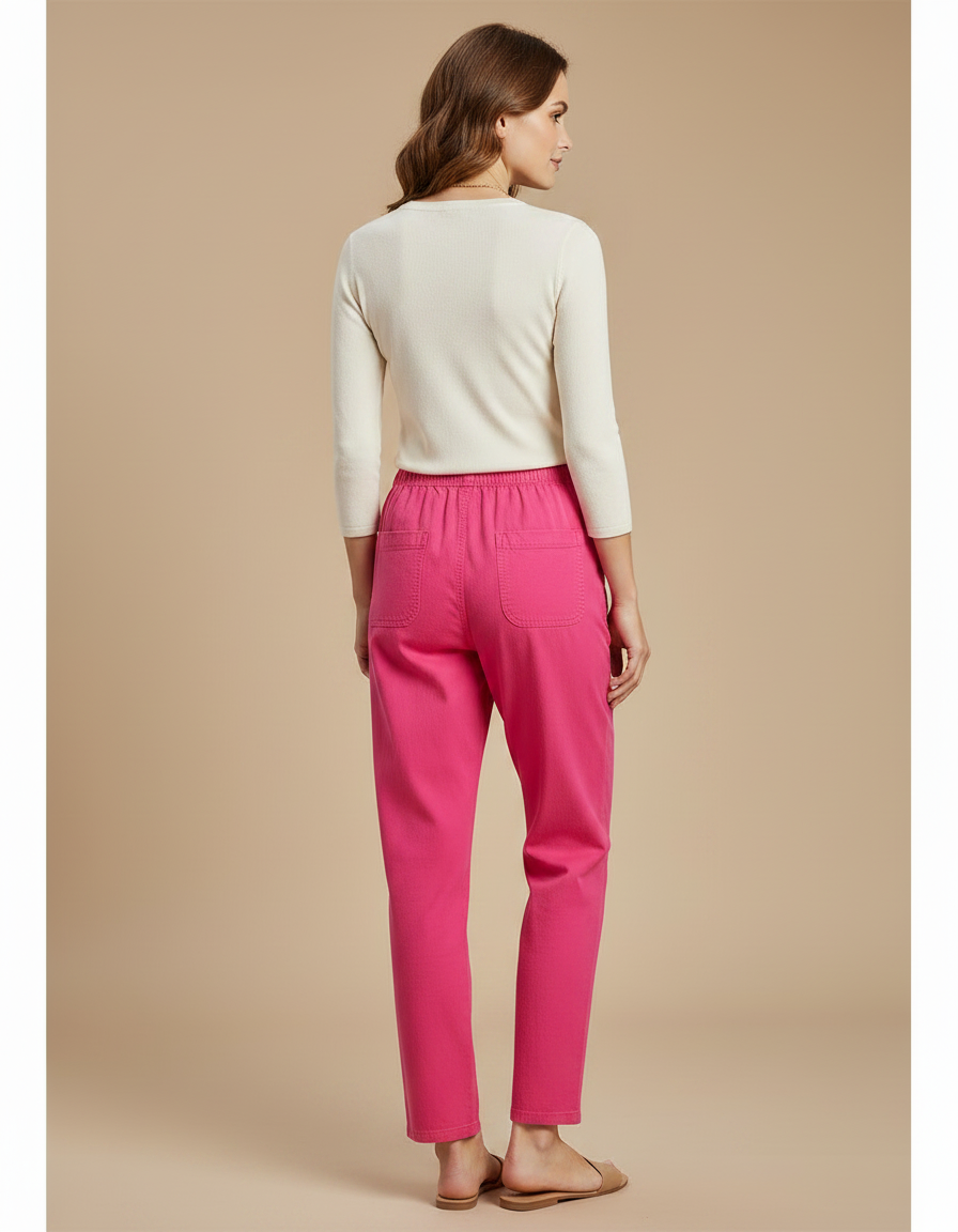 Pantalon Chino Rose Brodé Coton Ample Décontracté Femme - vue 2