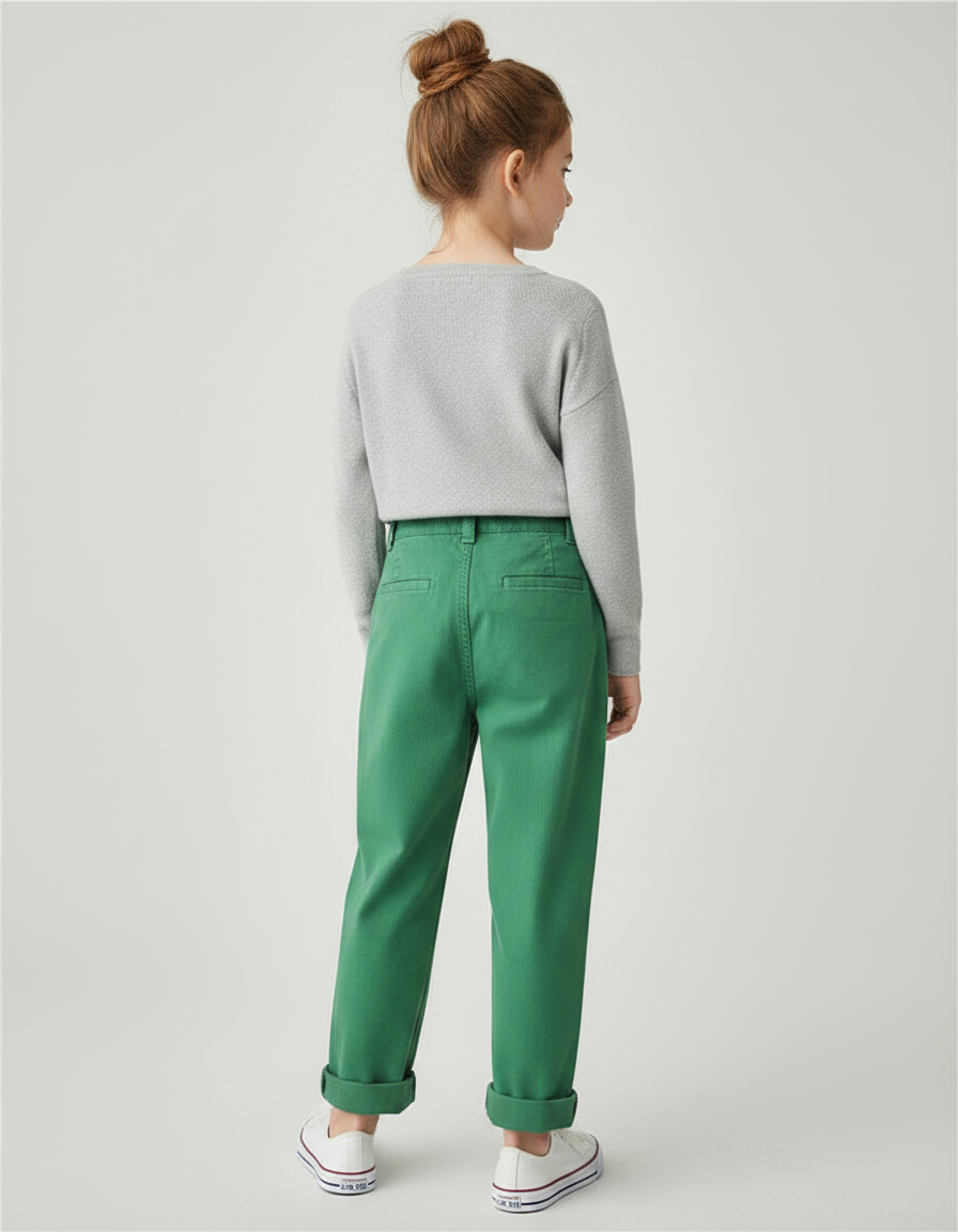 Pantalon Chino Vert Coton Ample Décontracté Enfant - Gabardine - vue 2