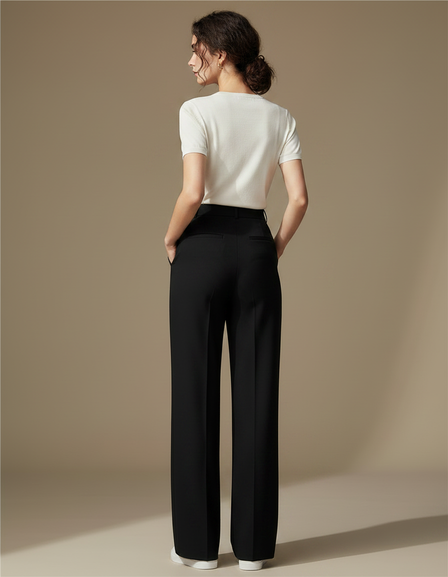 Pantalon Chino Noir Ample Fluide Taille Haute - Polyester - vue 2