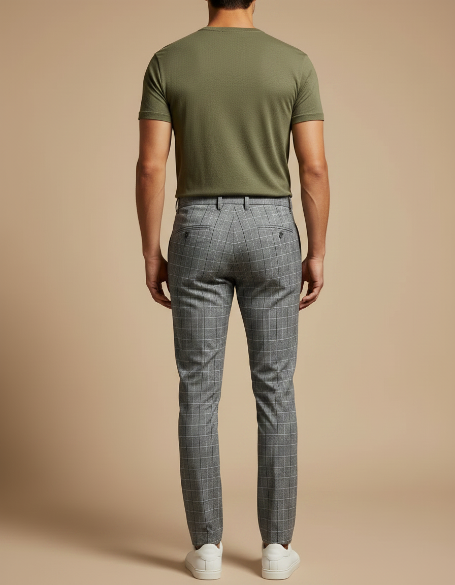 Pantalon Chino Carreaux Slim Gris Élégant Homme - Polyester - vue 2