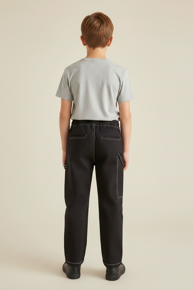 Pantalon Chino Noir Garçon Coton Décontracté Surpiqûres - vue 2