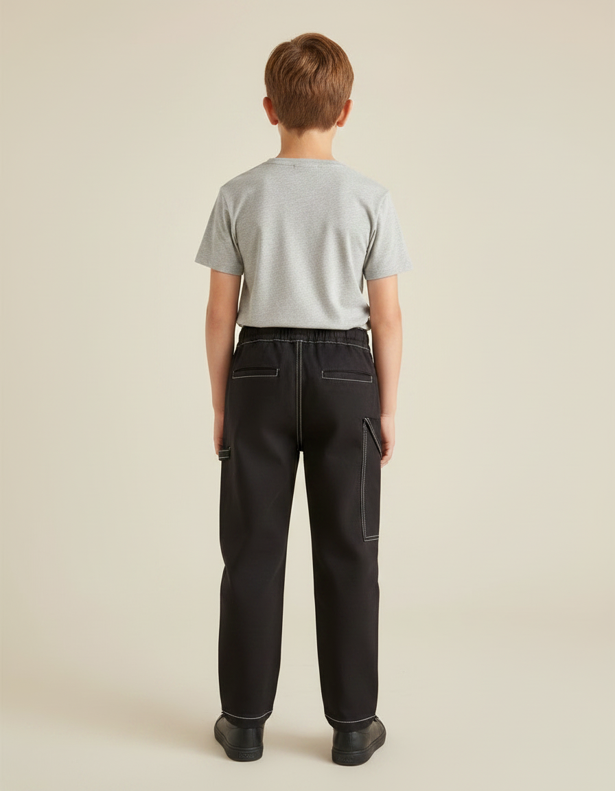 Pantalon Chino Noir Garçon Coton Décontracté Surpiqûres - vue 2