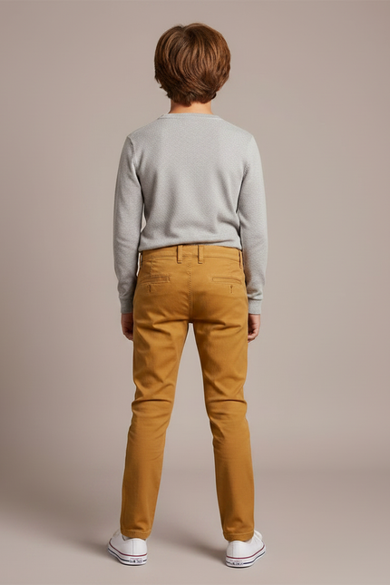 Pantalon Chino Ocre Coton Slim Garçon Élégant - Marron - vue 2
