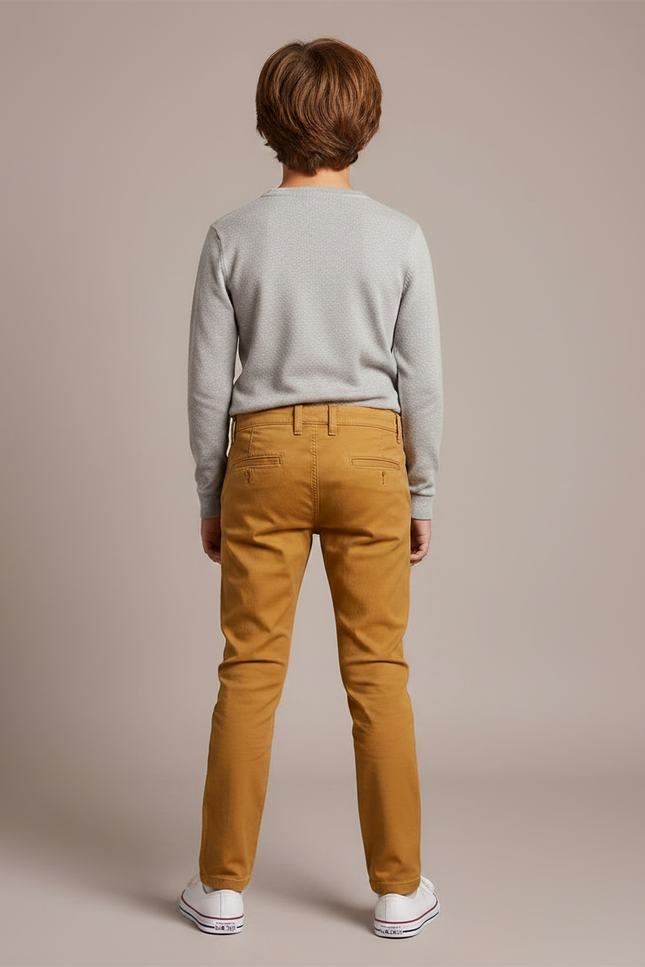 Pantalon Chino Ocre Coton Slim Garçon Élégant - Marron - vue 2