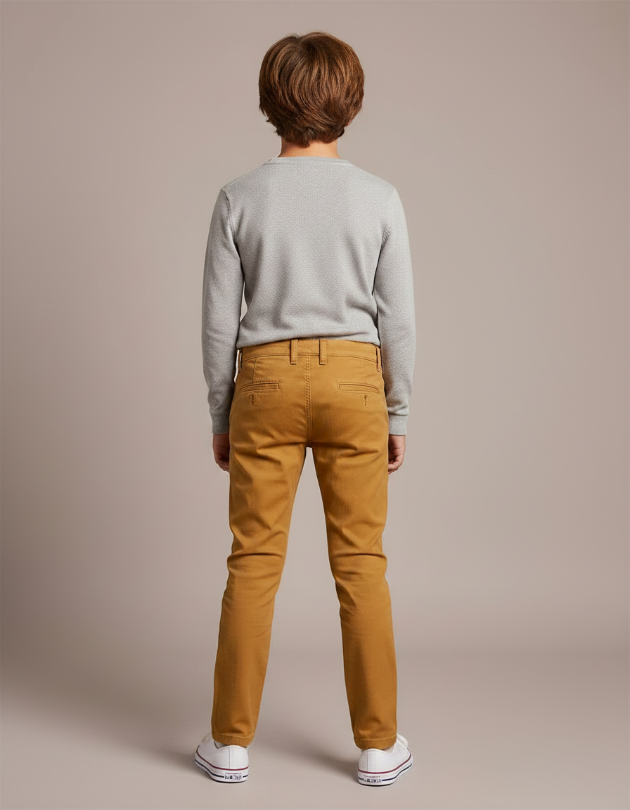 Pantalon Chino Ocre Coton Slim Garçon Élégant - Marron - vue 2