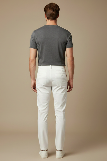Pantalon Chino Blanc Taille Haute Boutons Décontracté Slim Homme - Gabardine - vue 2