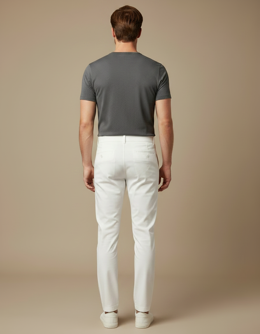 Pantalon Chino Blanc Taille Haute Boutons Décontracté Slim Homme - Gabardine - vue 2