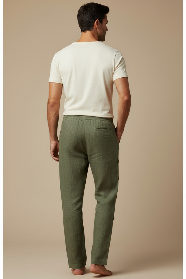 Pantalon Chino Vert Olive Lin Ample Boutons Décontracté - vue 2