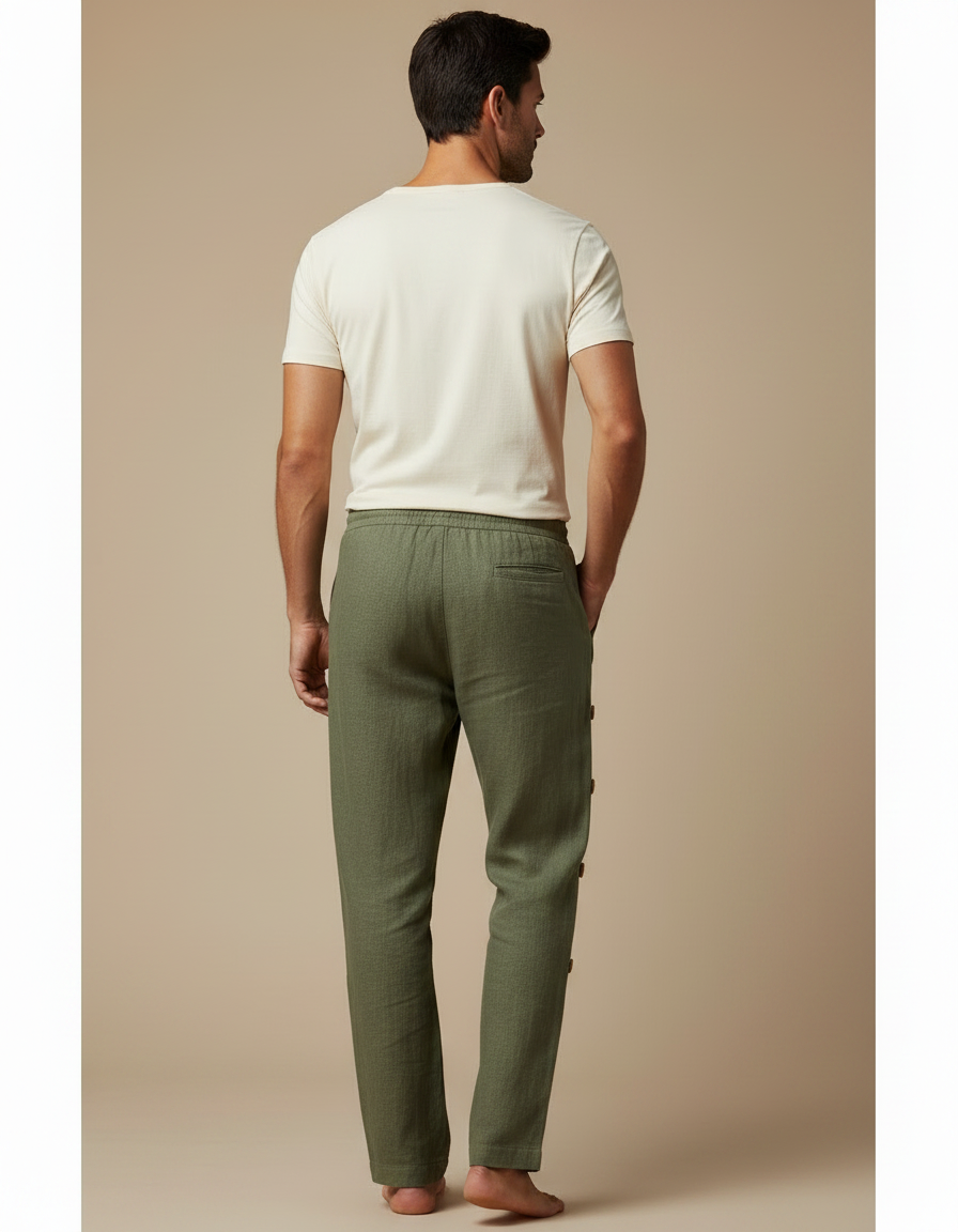 Pantalon Chino Vert Olive Lin Ample Boutons Décontracté - vue 2