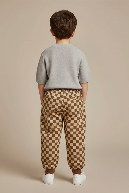 Pantalon Chino Carreaux Marron Ample Enfant Coton - Molleton - vue 2