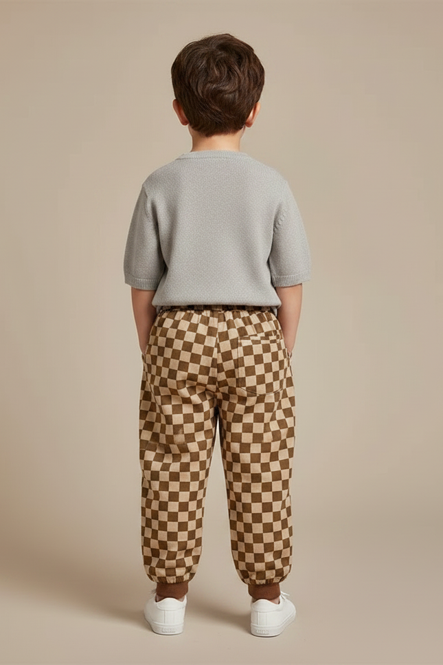 Pantalon Chino Carreaux Marron Ample Enfant Coton - Molleton - vue 2