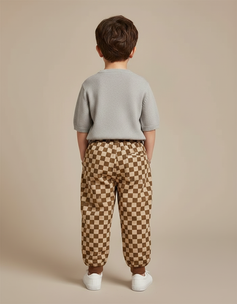 Pantalon Chino Carreaux Marron Ample Enfant Coton - Molleton - vue 2