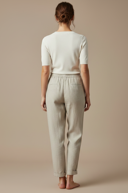 Pantalon Chino Lin Beige Ample Décontracté Femme - vue 2