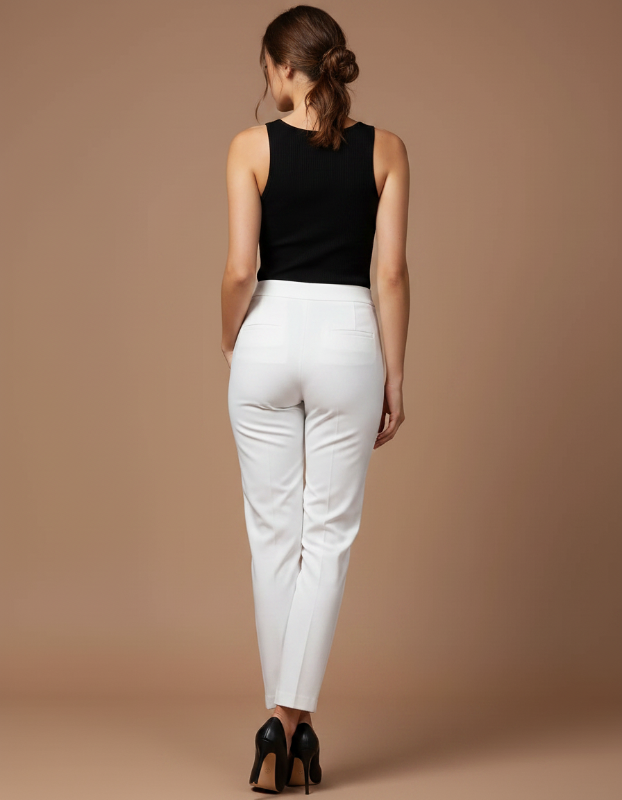 Pantalon Chino Blanc Taille Haute Élastique Élégant Femme - Gabardine - vue 2