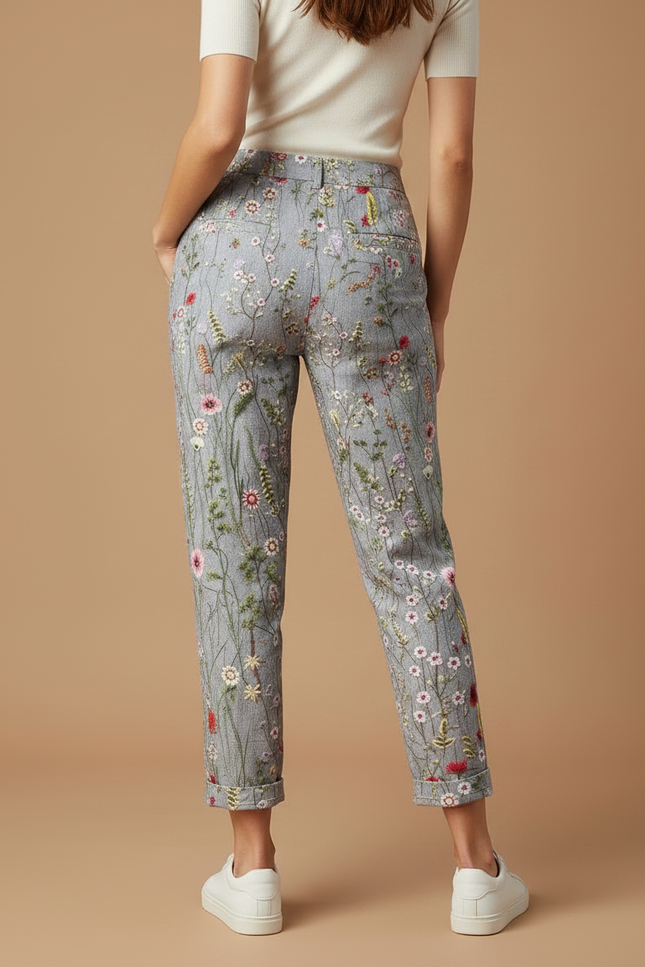 Pantalon Chino Gris Fleuri Brodé Coton Élégant Femme - vue 2