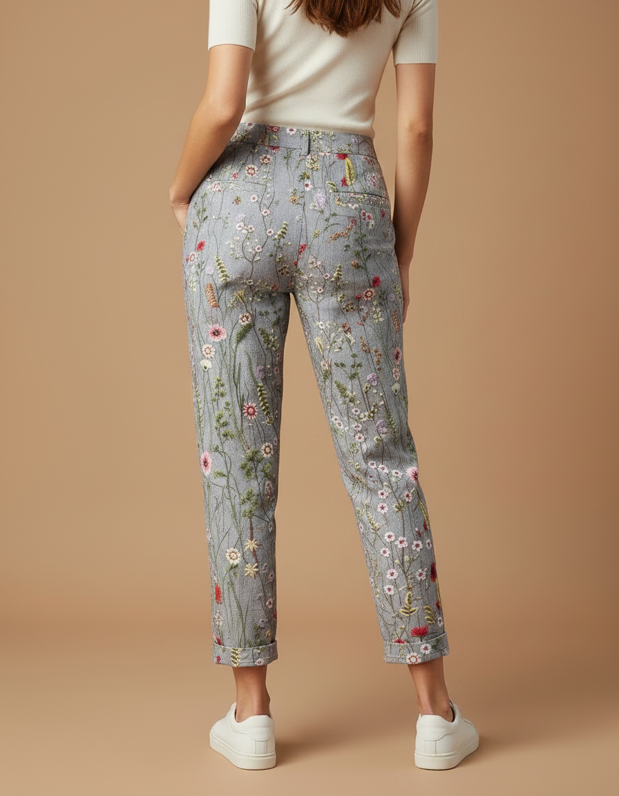 Pantalon Chino Gris Fleuri Brodé Coton Élégant Femme - vue 2