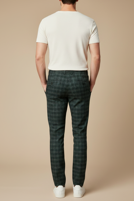Pantalon Chino Carreaux Vert Slim Élégant Formel - Laine - vue 2