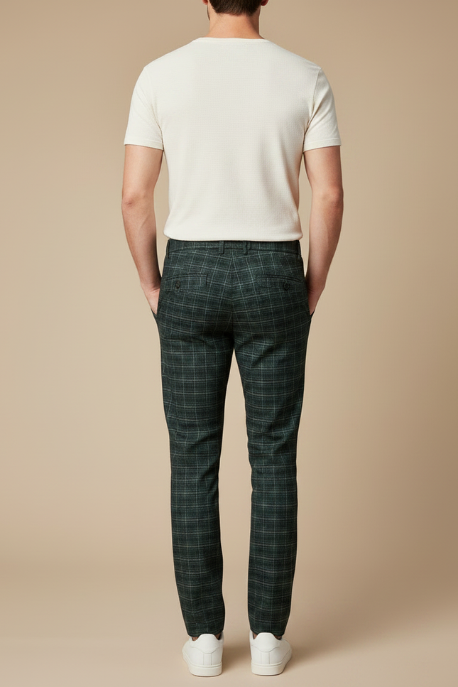 Pantalon Chino Carreaux Vert Slim Élégant Formel - Laine - vue 2