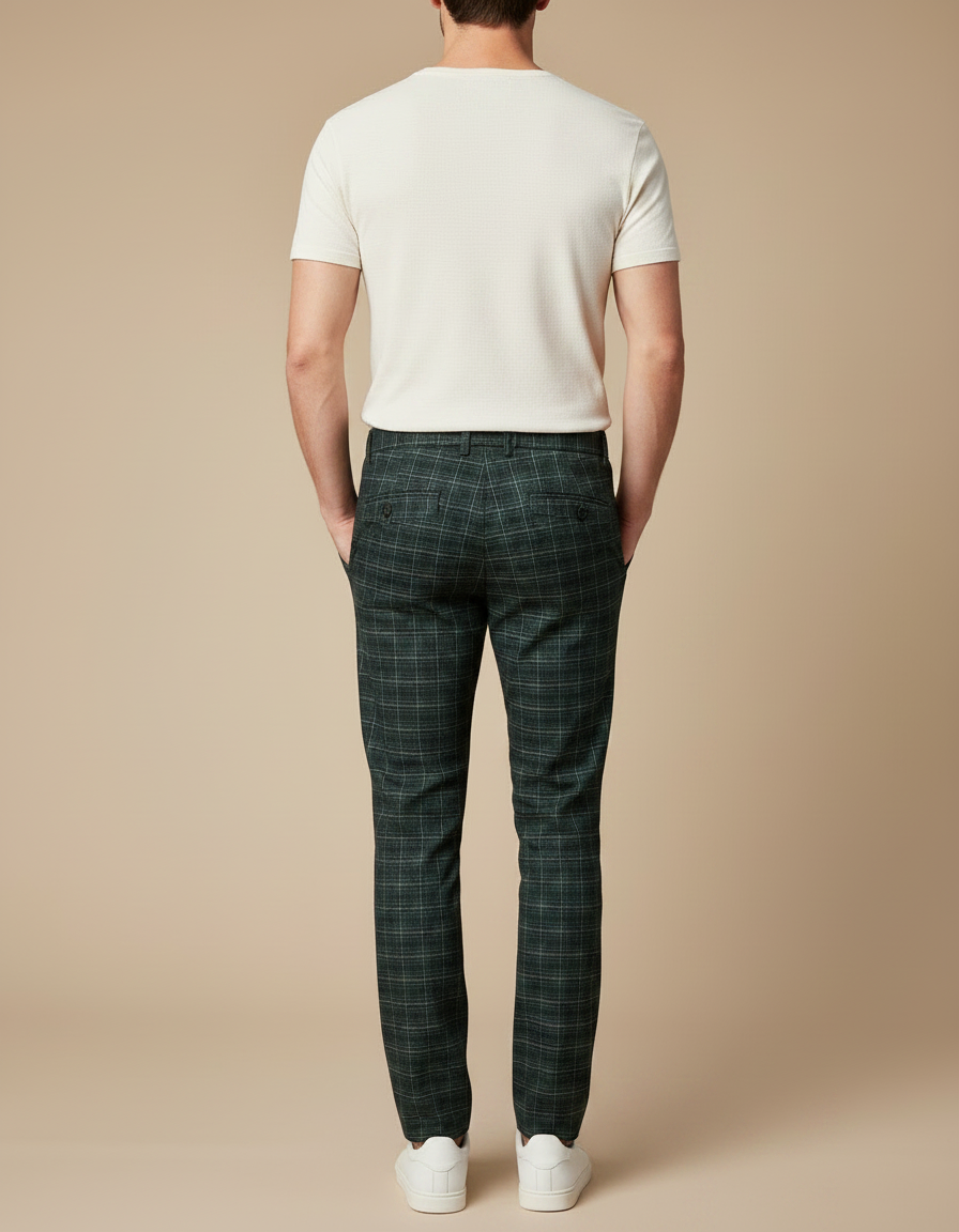 Pantalon Chino Carreaux Vert Slim Élégant Formel - Laine - vue 2