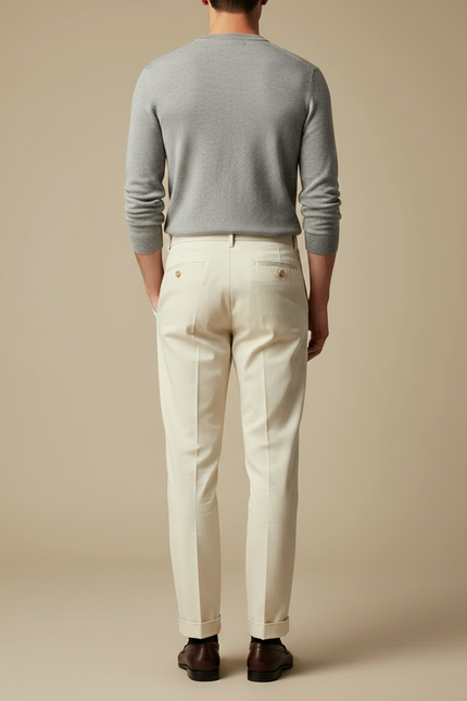 Pantalon Chino Crème Plissé Droit Élégant Homme - Beige Gabardine - vue 2