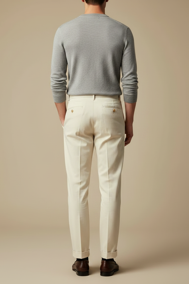 Pantalon Chino Crème Plissé Droit Élégant Homme - Beige Gabardine - vue 2